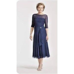 NEW Lan Ting Bride.Mother Bridesmaid Navy  Illusion pleated dress womens US 10